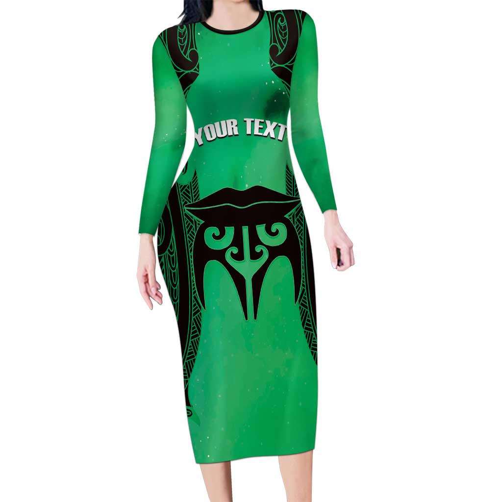 Personalised Moko Kauae New Zealand Long Sleeve Bodycon Dress Maori Chin Tattoo Green - Aussie Hoodie