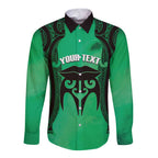 Personalised Moko Kauae New Zealand Long Sleeve Button Shirt Maori Chin Tattoo Green - Aussie Hoodie