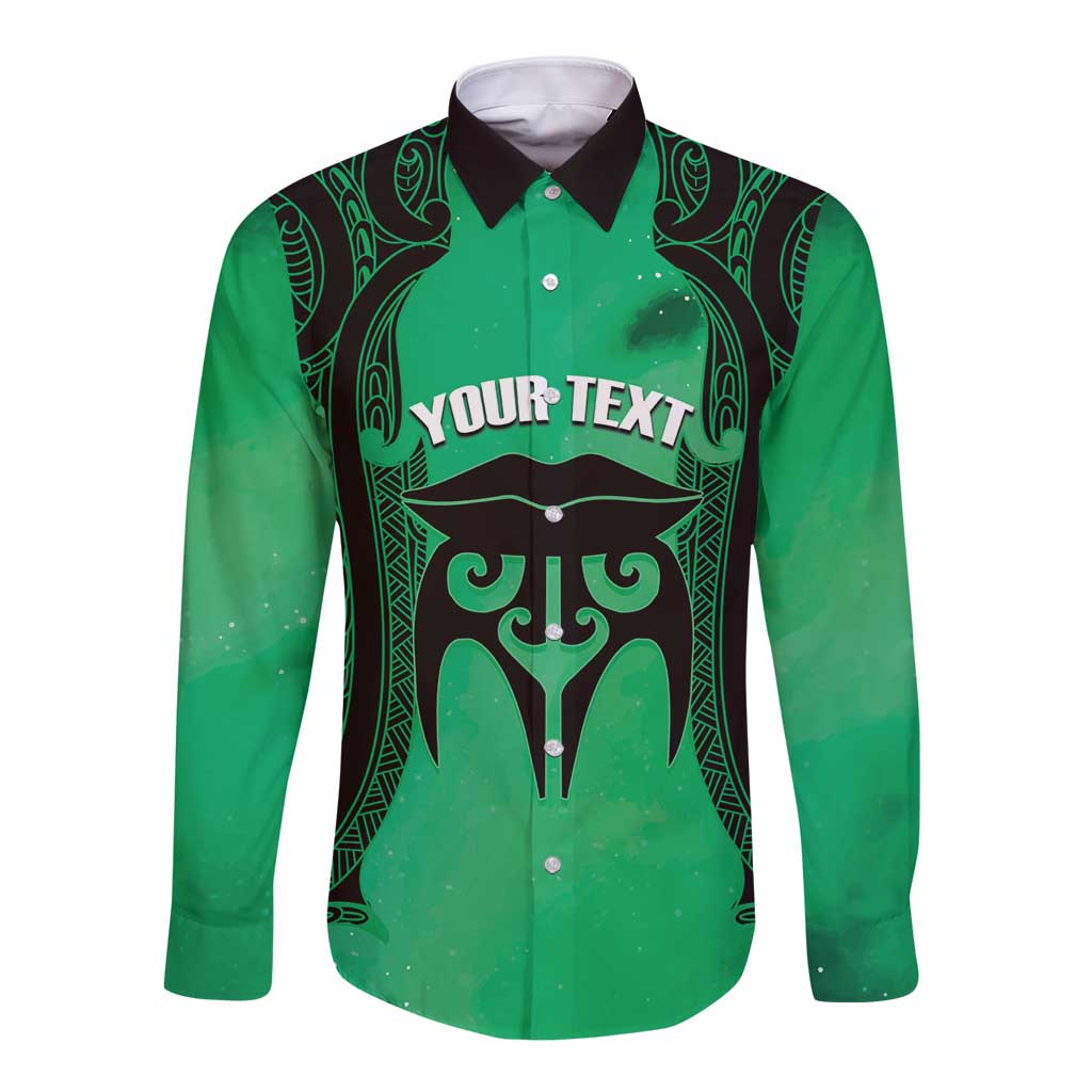 Personalised Moko Kauae New Zealand Long Sleeve Button Shirt Maori Chin Tattoo Green - Aussie Hoodie