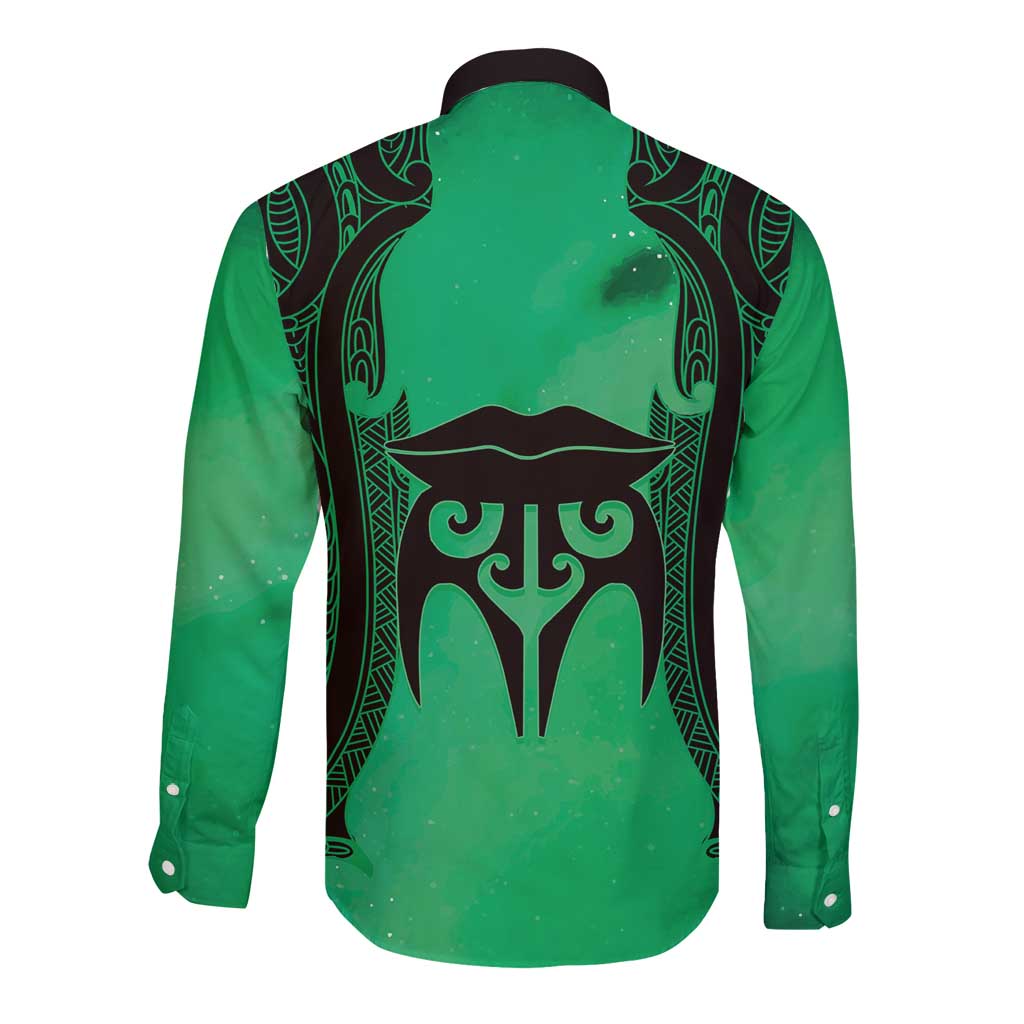 Personalised Moko Kauae New Zealand Long Sleeve Button Shirt Maori Chin Tattoo Green - Aussie Hoodie