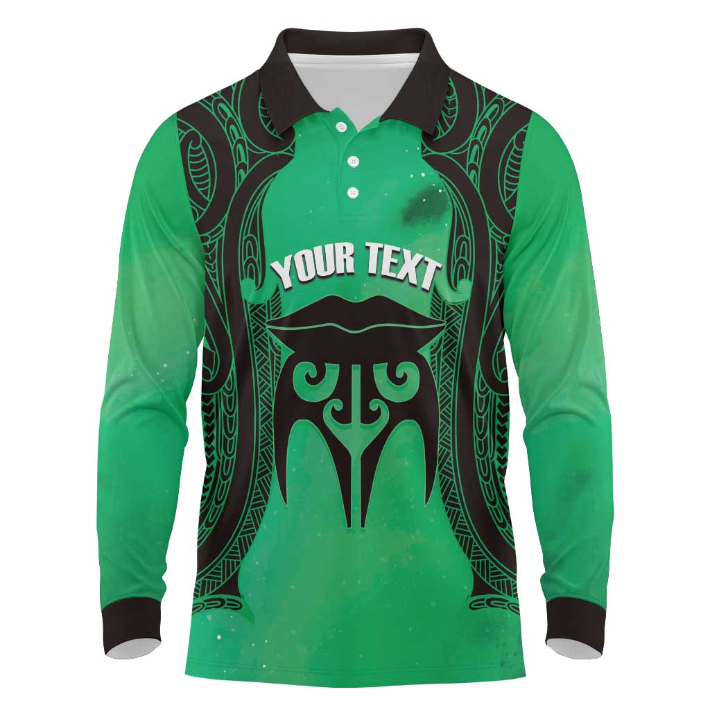 Personalised Moko Kauae New Zealand Long Sleeve Polo Shirt Maori Chin Tattoo Green - Aussie Hoodie