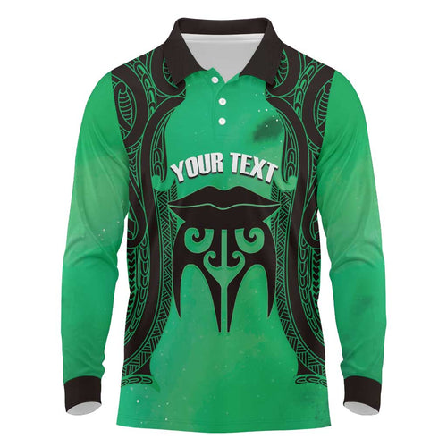 Personalised Moko Kauae New Zealand Long Sleeve Polo Shirt Maori Chin Tattoo Green - Aussie Hoodie