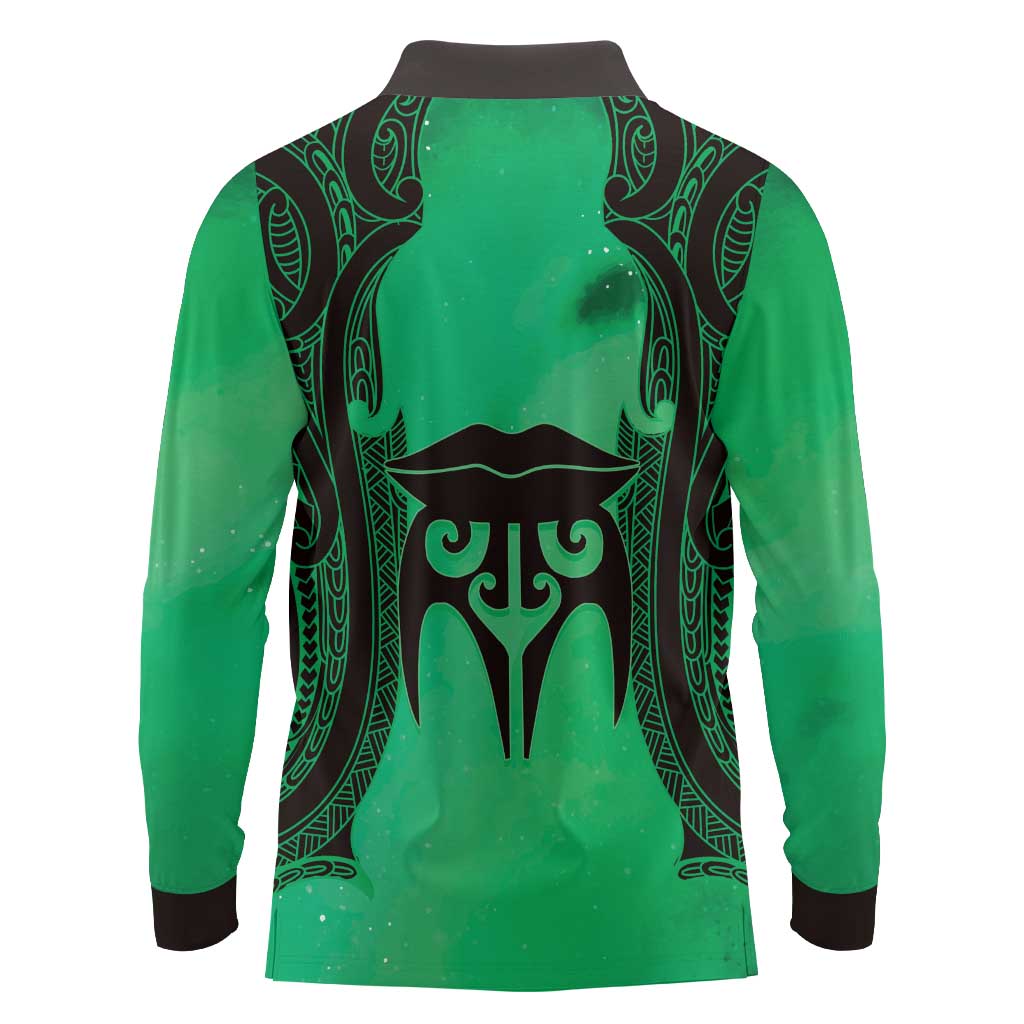 Personalised Moko Kauae New Zealand Long Sleeve Polo Shirt Maori Chin Tattoo Green - Aussie Hoodie