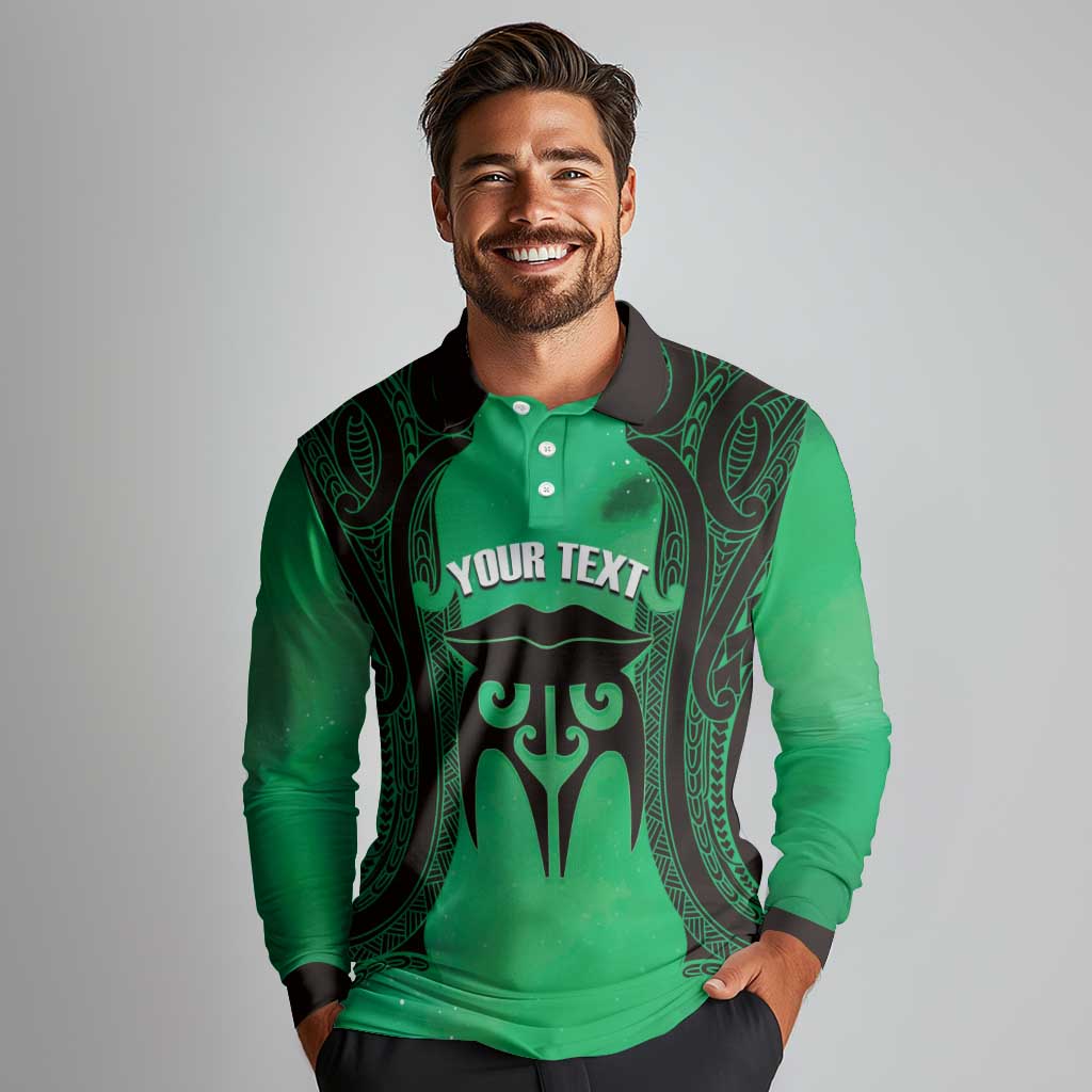 Personalised Moko Kauae New Zealand Long Sleeve Polo Shirt Maori Chin Tattoo Green - Aussie Hoodie