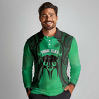Personalised Moko Kauae New Zealand Long Sleeve Polo Shirt Maori Chin Tattoo Green - Aussie Hoodie