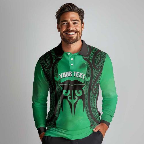 Personalised Moko Kauae New Zealand Long Sleeve Polo Shirt Maori Chin Tattoo Green - Aussie Hoodie