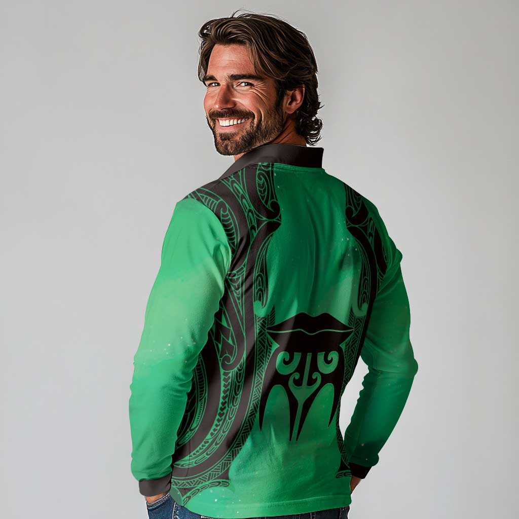Personalised Moko Kauae New Zealand Long Sleeve Polo Shirt Maori Chin Tattoo Green - Aussie Hoodie