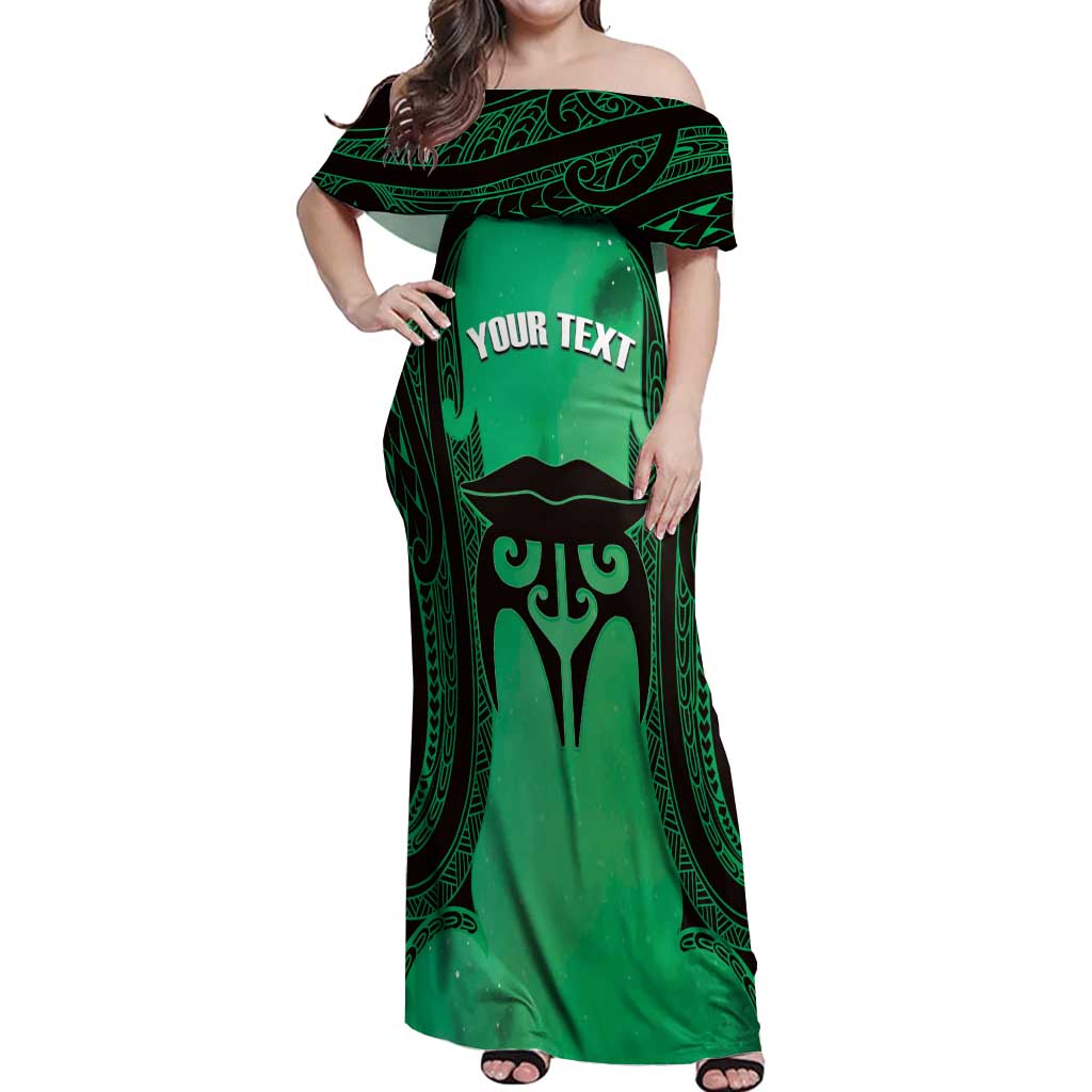 Personalised Moko Kauae New Zealand Off Shoulder Maxi Dress Maori Chin Tattoo Green - Aussie Hoodie