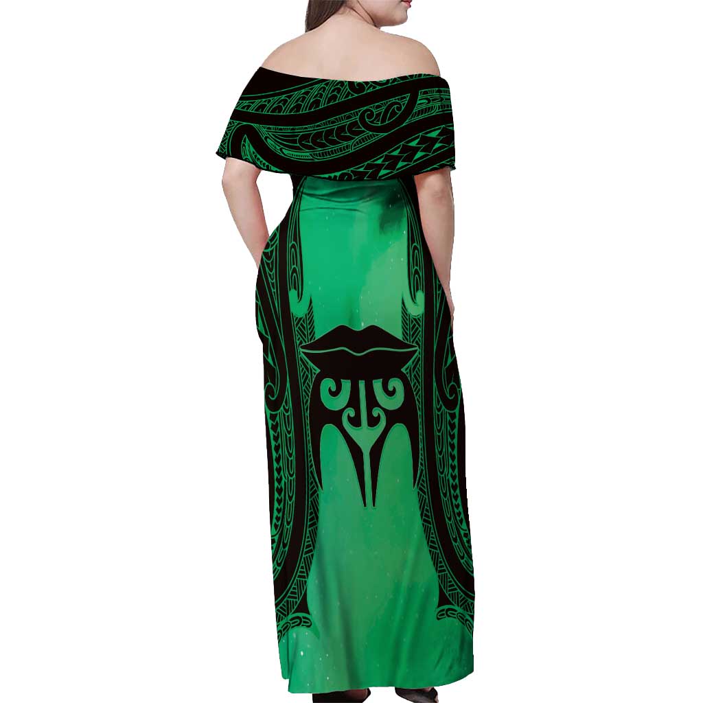 Personalised Moko Kauae New Zealand Off Shoulder Maxi Dress Maori Chin Tattoo Green - Aussie Hoodie
