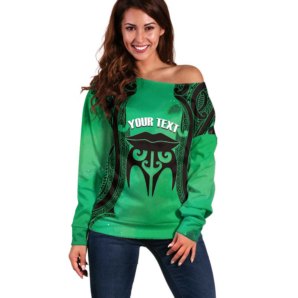 Personalised Moko Kauae New Zealand Off Shoulder Sweater Maori Chin Tattoo Green - Aussie Hoodie