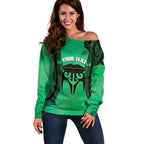 Personalised Moko Kauae New Zealand Off Shoulder Sweater Maori Chin Tattoo Green - Aussie Hoodie