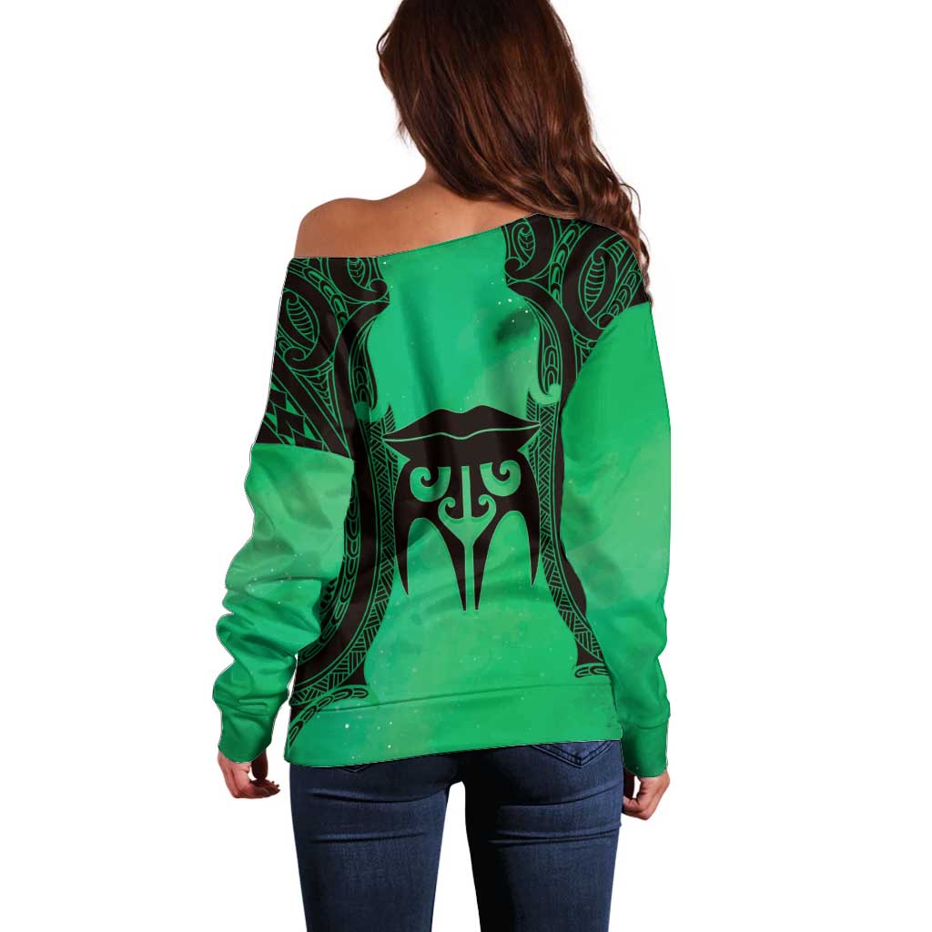 Personalised Moko Kauae New Zealand Off Shoulder Sweater Maori Chin Tattoo Green - Aussie Hoodie