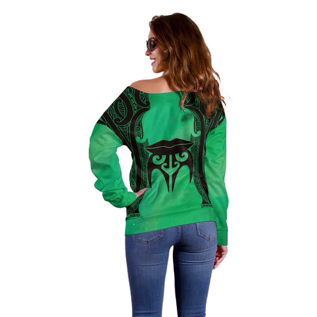 Personalised Moko Kauae New Zealand Off Shoulder Sweater Maori Chin Tattoo Green - Aussie Hoodie