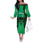 Personalised Moko Kauae New Zealand Off The Shoulder Long Sleeve Dress Maori Chin Tattoo Green - Aussie Hoodie