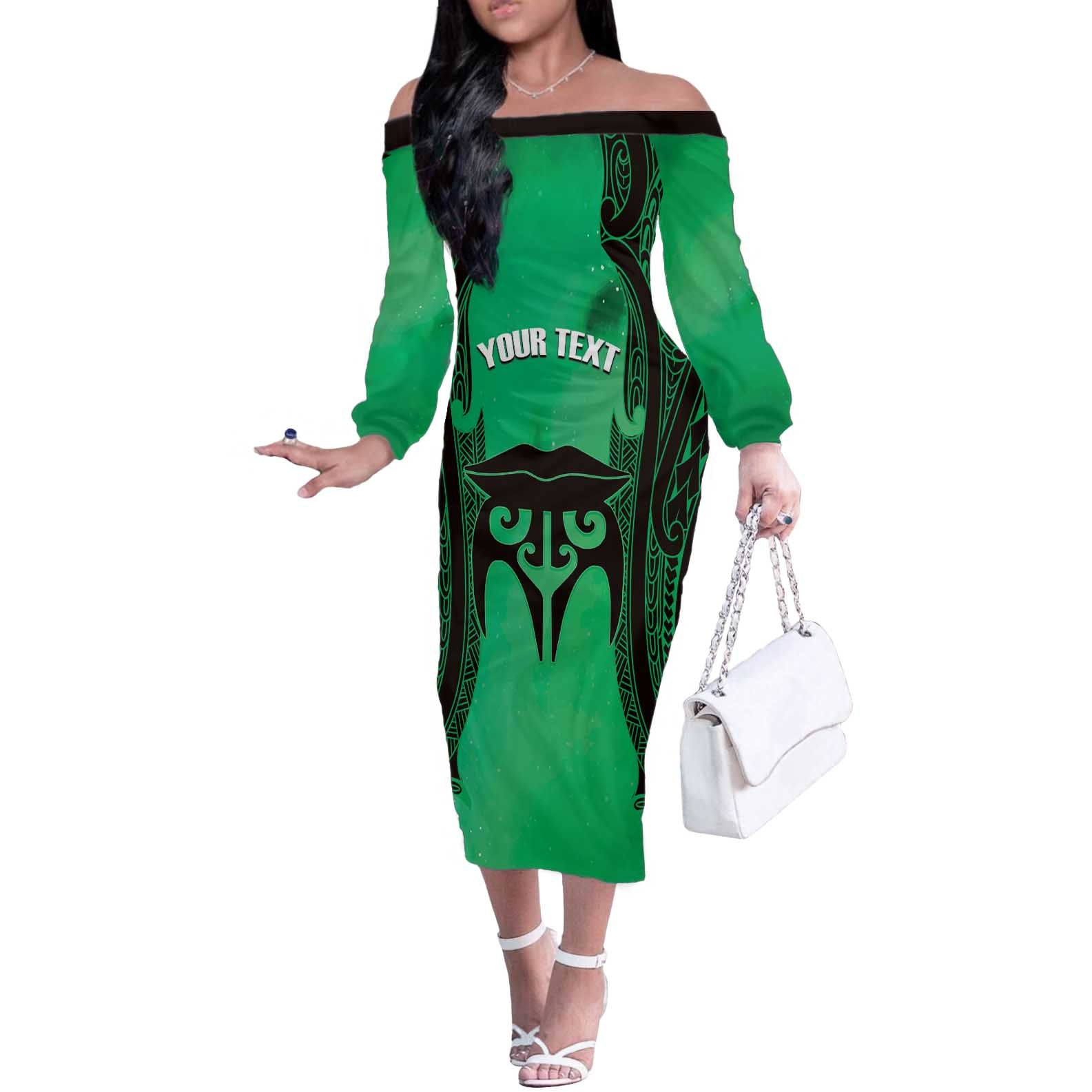 Personalised Moko Kauae New Zealand Off The Shoulder Long Sleeve Dress Maori Chin Tattoo Green - Aussie Hoodie
