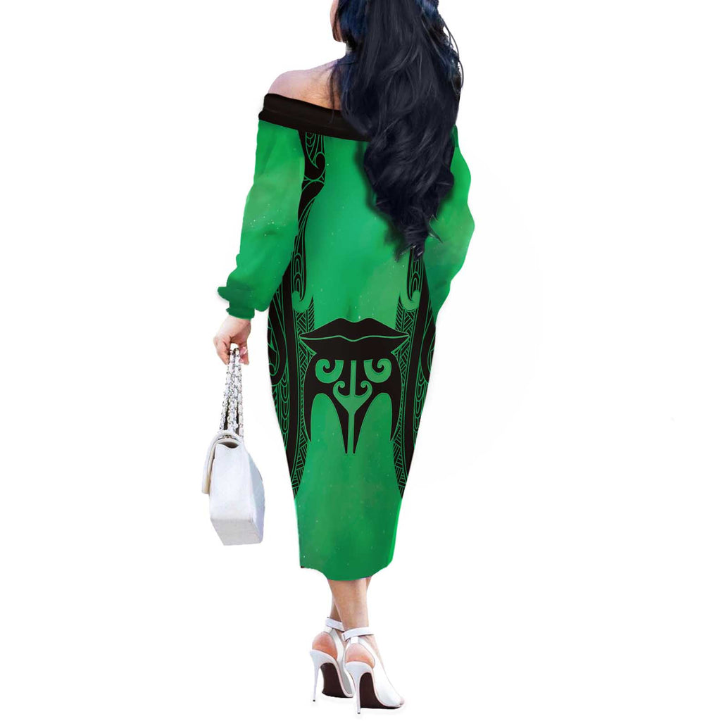 Personalised Moko Kauae New Zealand Off The Shoulder Long Sleeve Dress Maori Chin Tattoo Green - Aussie Hoodie