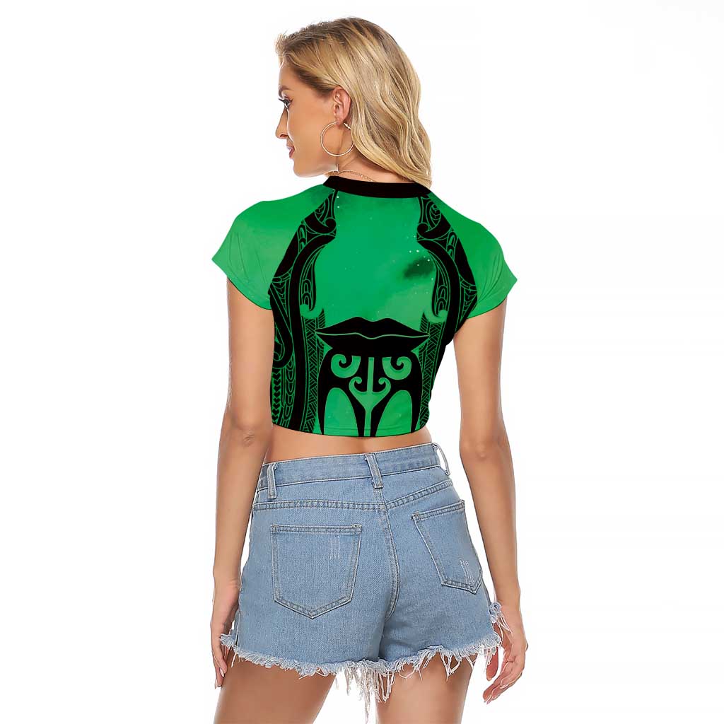 Personalised Moko Kauae New Zealand Raglan Cropped T Shirt Maori Chin Tattoo Green - Aussie Hoodie