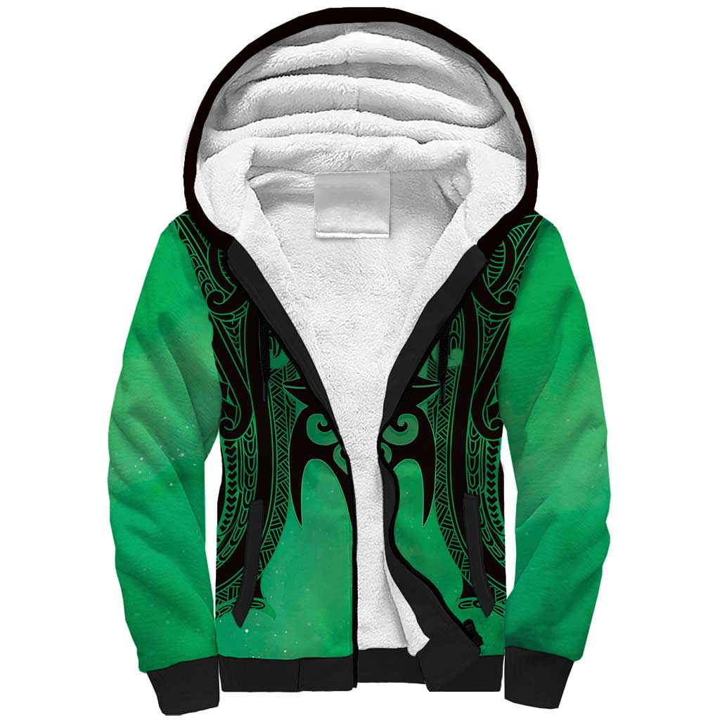 Personalised Moko Kauae New Zealand Sherpa Hoodie Maori Chin Tattoo Green - Aussie Hoodie