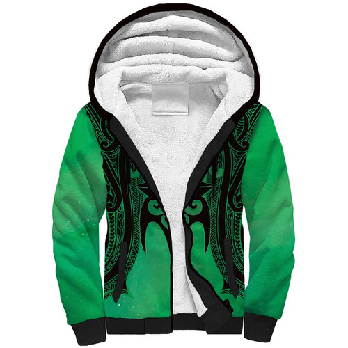 Personalised Moko Kauae New Zealand Sherpa Hoodie Maori Chin Tattoo Green - Aussie Hoodie