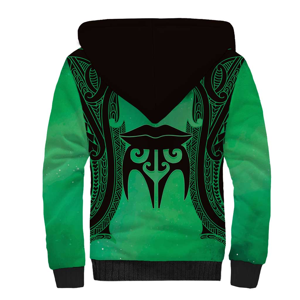 Personalised Moko Kauae New Zealand Sherpa Hoodie Maori Chin Tattoo Green - Aussie Hoodie