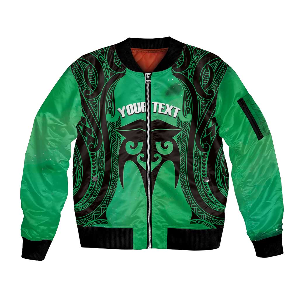 Personalised Moko Kauae New Zealand Sleeve Zip Bomber Jacket Maori Chin Tattoo Green - Aussie Hoodie