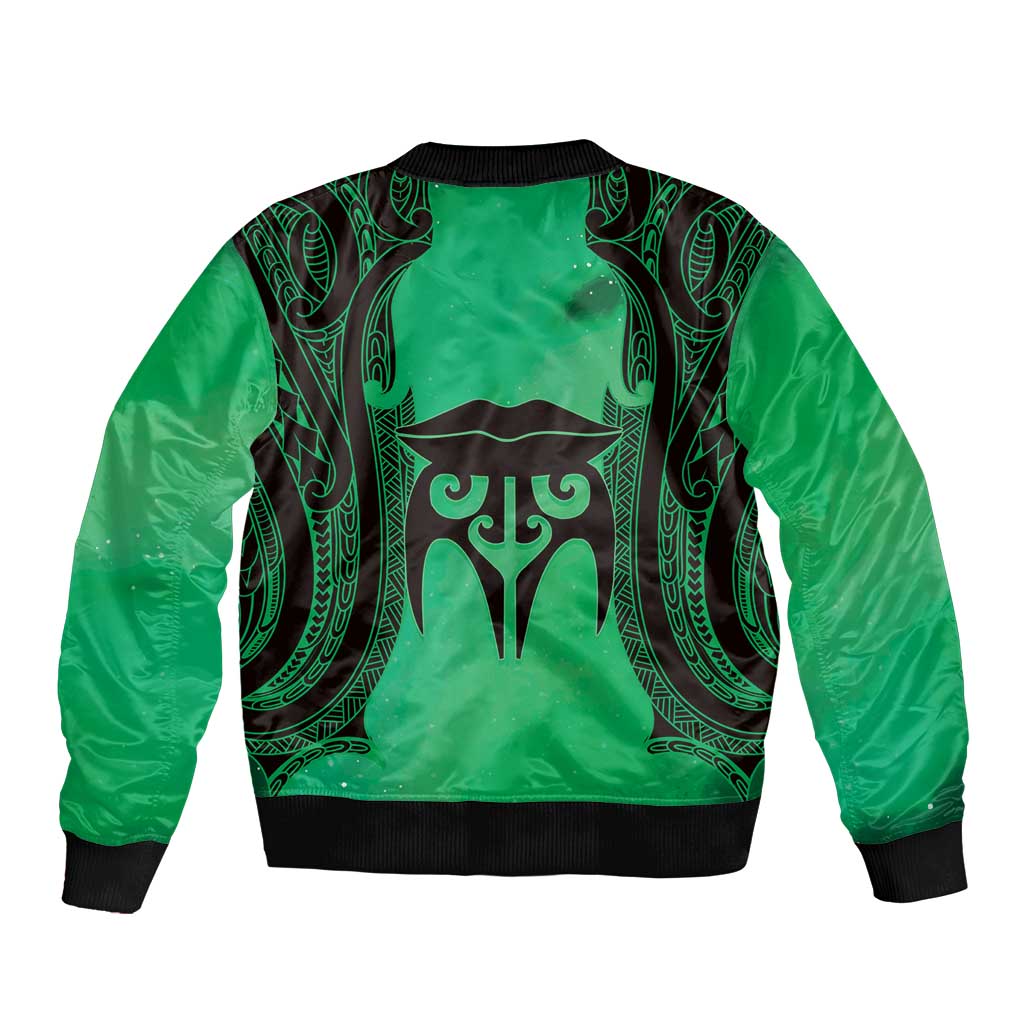 Personalised Moko Kauae New Zealand Sleeve Zip Bomber Jacket Maori Chin Tattoo Green - Aussie Hoodie