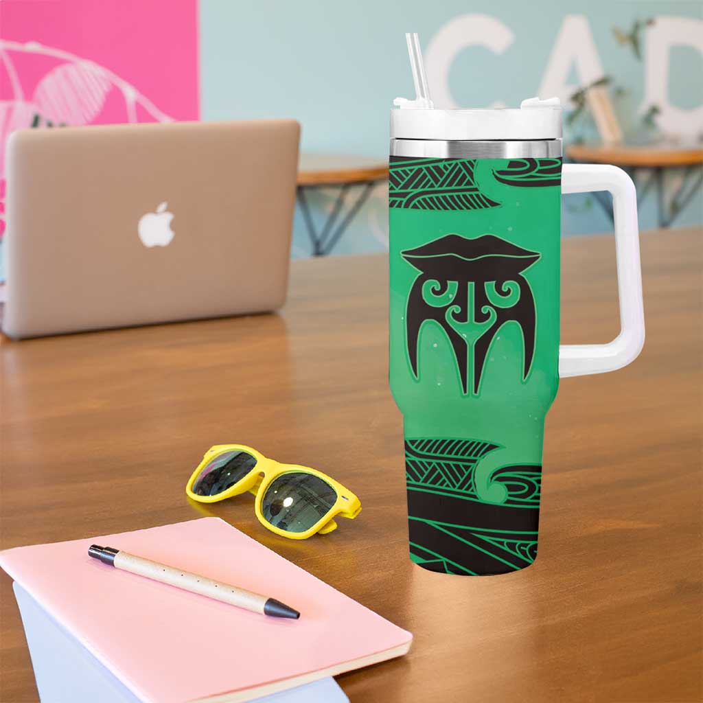 Personalised Moko Kauae New Zealand Tumbler With Handle Maori Chin Tattoo Green - Aussie Hoodie