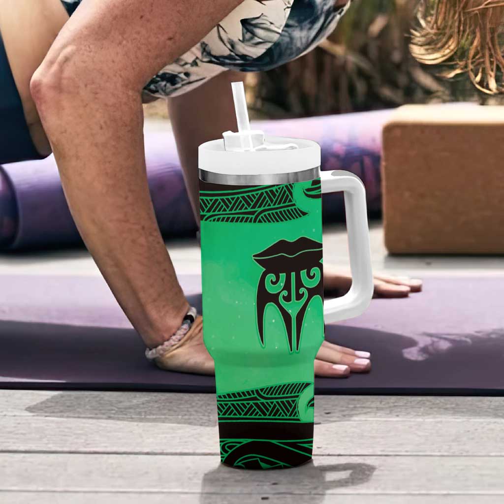Personalised Moko Kauae New Zealand Tumbler With Handle Maori Chin Tattoo Green - Aussie Hoodie