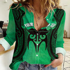 Personalised Moko Kauae New Zealand Women Casual Shirt Maori Chin Tattoo Green - Aussie Hoodie