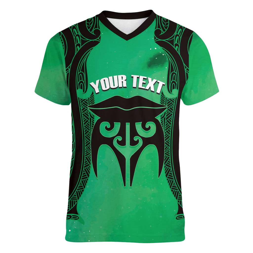 Personalised Moko Kauae New Zealand Women V-Neck T-Shirt Maori Chin Tattoo Green - Aussie Hoodie