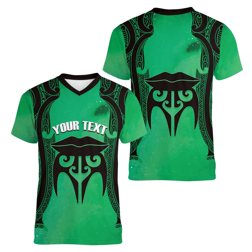 Personalised Moko Kauae New Zealand Women V-Neck T-Shirt Maori Chin Tattoo Green - Aussie Hoodie