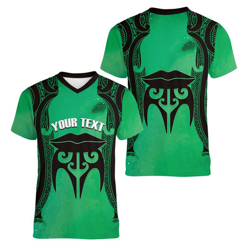 Personalised Moko Kauae New Zealand Women V-Neck T-Shirt Maori Chin Tattoo Green - Aussie Hoodie