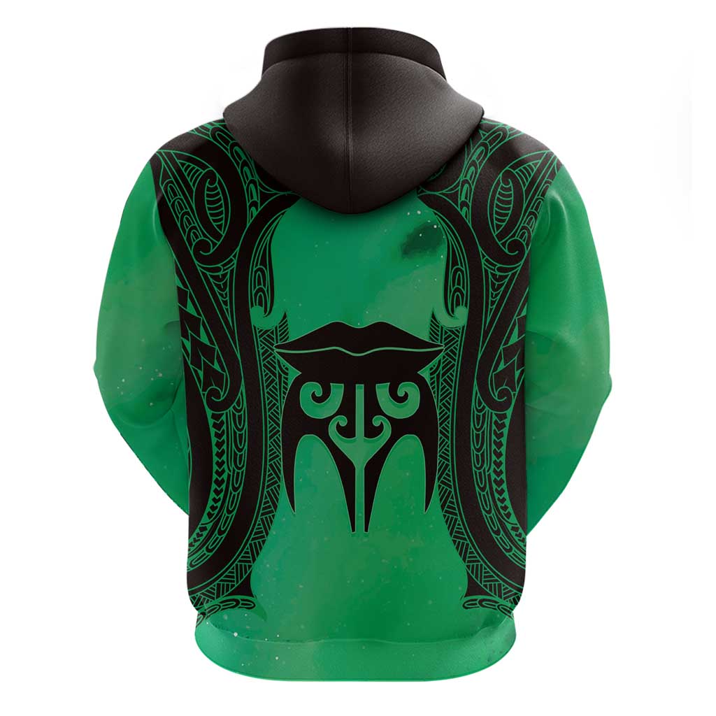 Personalised Moko Kauae New Zealand Zip Hoodie Maori Chin Tattoo Green - Aussie Hoodie