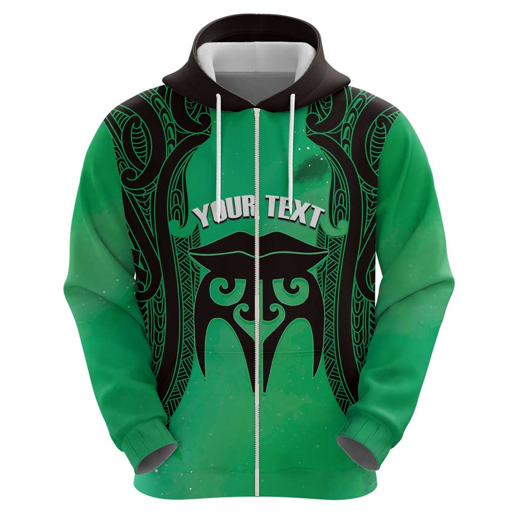 Personalised Moko Kauae New Zealand Zip Hoodie Maori Chin Tattoo Green - Aussie Hoodie
