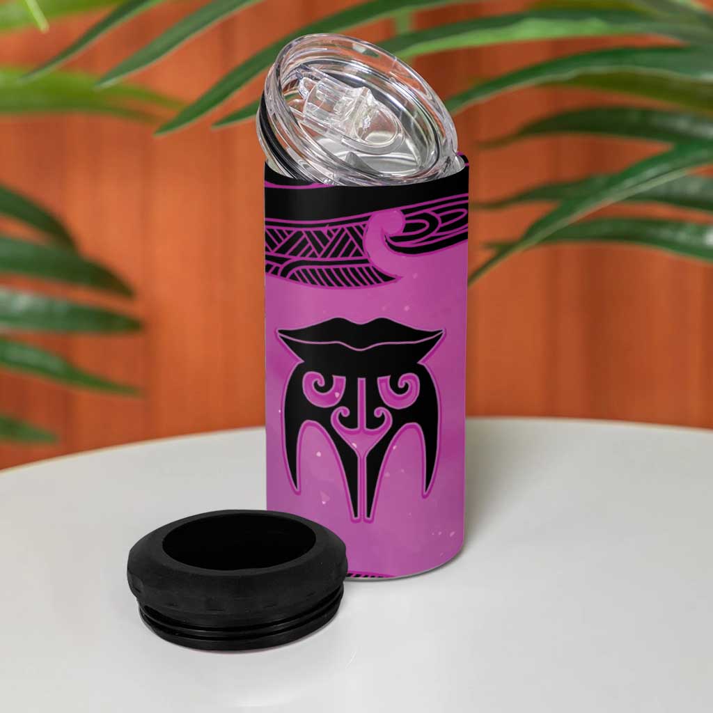 Personalised Moko Kauae New Zealand 4 in 1 Can Cooler Tumbler Maori Chin Tattoo Pink - Aussie Hoodie