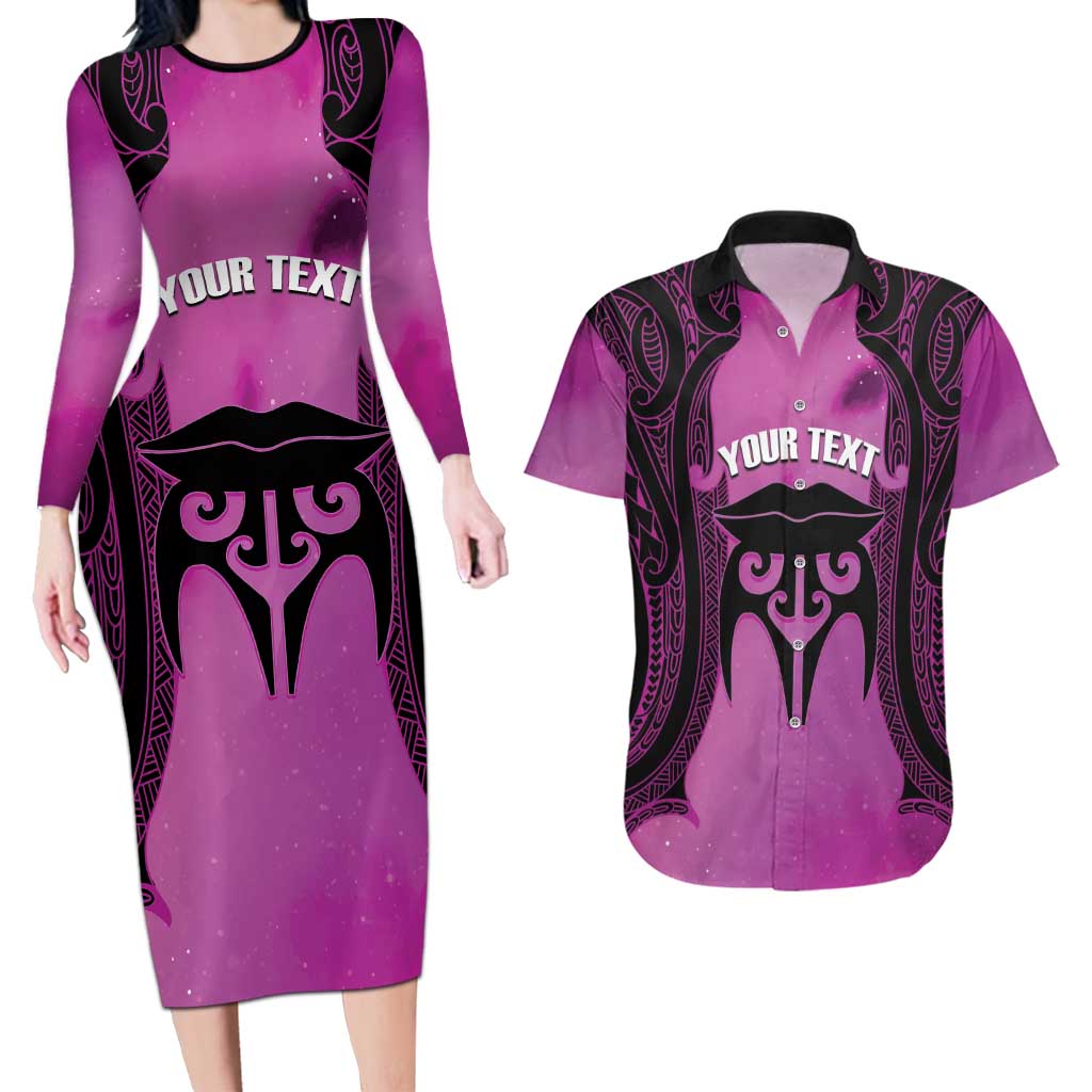Personalised Moko Kauae New Zealand Couples Matching Long Sleeve Bodycon Dress and Hawaiian Shirt Maori Chin Tattoo Pink - Aussie Hoodie