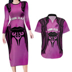 Personalised Moko Kauae New Zealand Couples Matching Long Sleeve Bodycon Dress and Hawaiian Shirt Maori Chin Tattoo Pink - Aussie Hoodie