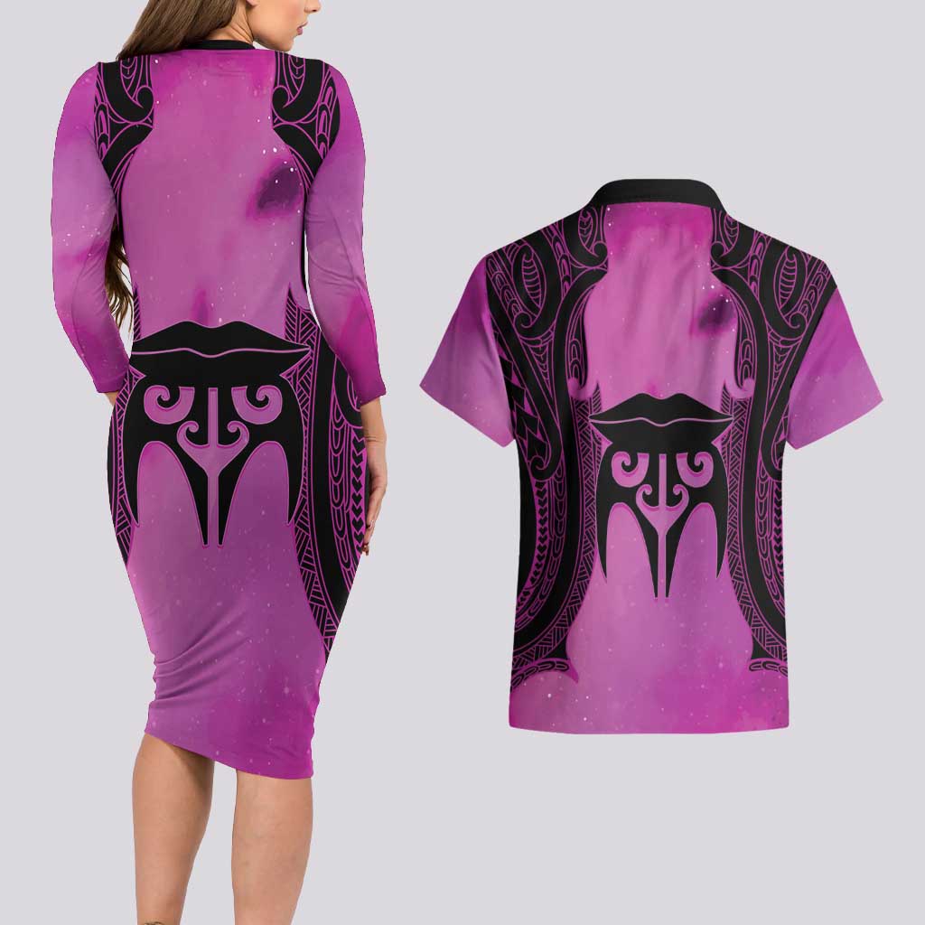 Personalised Moko Kauae New Zealand Couples Matching Long Sleeve Bodycon Dress and Hawaiian Shirt Maori Chin Tattoo Pink - Aussie Hoodie
