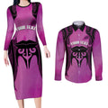 Personalised Moko Kauae New Zealand Couples Matching Long Sleeve Bodycon Dress and Long Sleeve Button Shirt Maori Chin Tattoo Pink - Aussie Hoodie