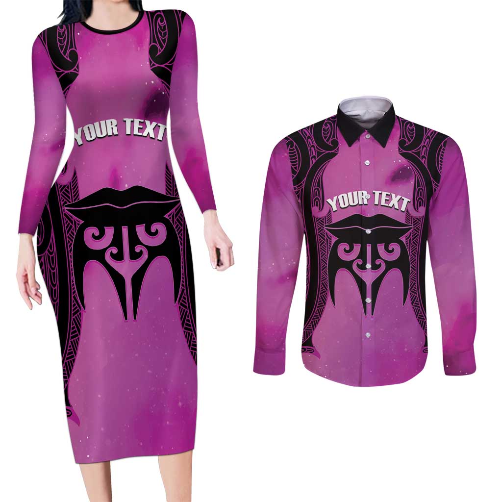 Personalised Moko Kauae New Zealand Couples Matching Long Sleeve Bodycon Dress and Long Sleeve Button Shirt Maori Chin Tattoo Pink - Aussie Hoodie