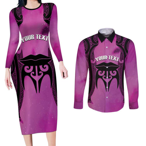 Personalised Moko Kauae New Zealand Couples Matching Long Sleeve Bodycon Dress and Long Sleeve Button Shirt Maori Chin Tattoo Pink - Aussie Hoodie