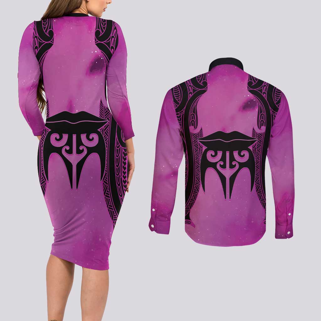 Personalised Moko Kauae New Zealand Couples Matching Long Sleeve Bodycon Dress and Long Sleeve Button Shirt Maori Chin Tattoo Pink - Aussie Hoodie
