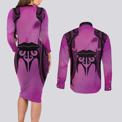 Personalised Moko Kauae New Zealand Couples Matching Long Sleeve Bodycon Dress and Long Sleeve Button Shirt Maori Chin Tattoo Pink - Aussie Hoodie