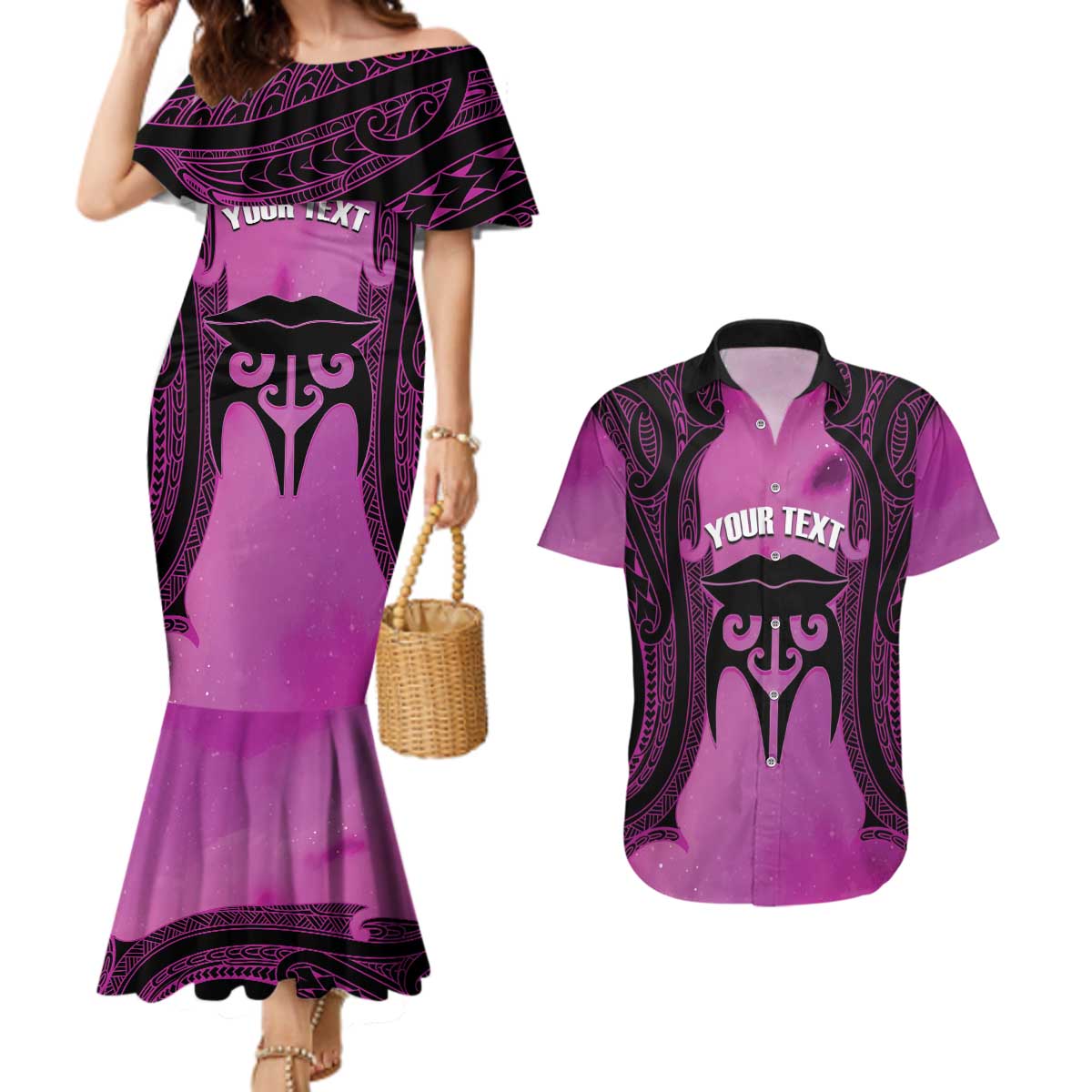 Personalised Moko Kauae New Zealand Couples Matching Mermaid Dress and Hawaiian Shirt Maori Chin Tattoo Pink - Aussie Hoodie