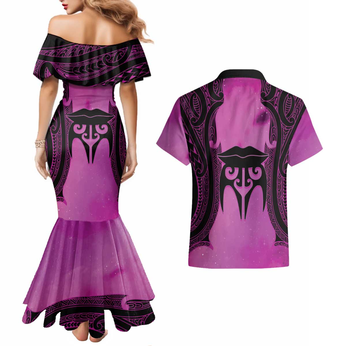 Personalised Moko Kauae New Zealand Couples Matching Mermaid Dress and Hawaiian Shirt Maori Chin Tattoo Pink - Aussie Hoodie