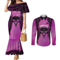 Personalised Moko Kauae New Zealand Couples Matching Mermaid Dress and Long Sleeve Button Shirt Maori Chin Tattoo Pink - Aussie Hoodie