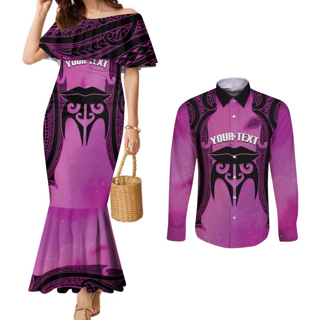 Personalised Moko Kauae New Zealand Couples Matching Mermaid Dress and Long Sleeve Button Shirt Maori Chin Tattoo Pink - Aussie Hoodie