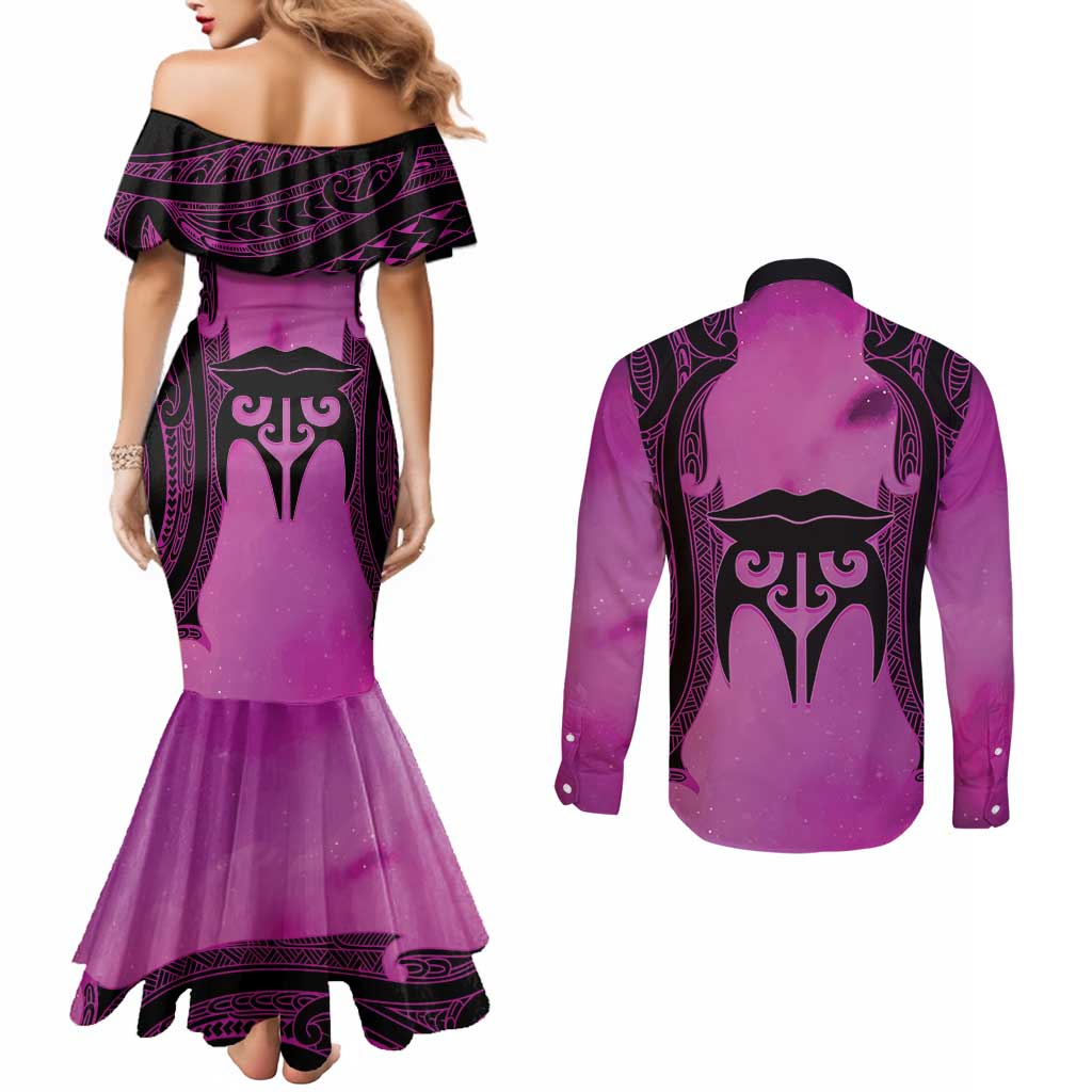 Personalised Moko Kauae New Zealand Couples Matching Mermaid Dress and Long Sleeve Button Shirt Maori Chin Tattoo Pink - Aussie Hoodie