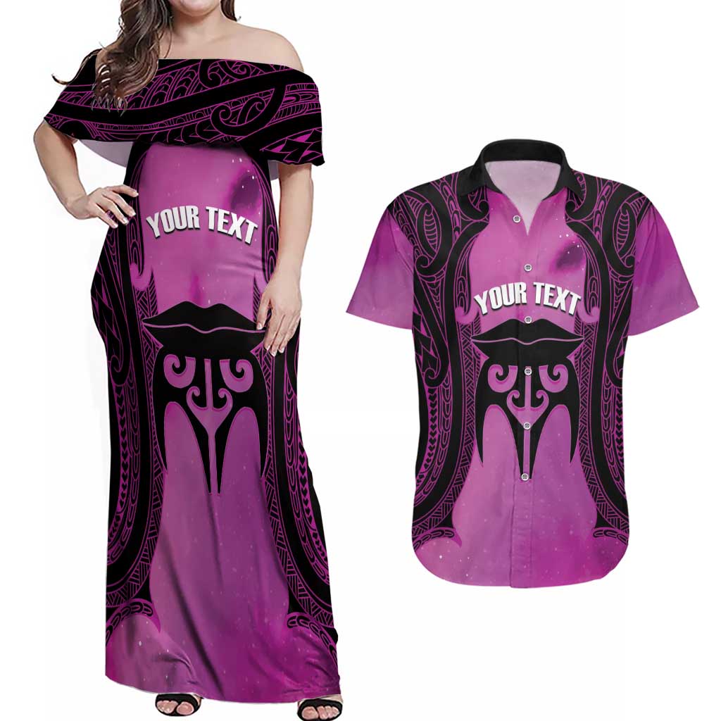 Personalised Moko Kauae New Zealand Couples Matching Off Shoulder Maxi Dress and Hawaiian Shirt Maori Chin Tattoo Pink - Aussie Hoodie