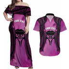 Personalised Moko Kauae New Zealand Couples Matching Off Shoulder Maxi Dress and Hawaiian Shirt Maori Chin Tattoo Pink - Aussie Hoodie